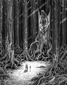 a man standing in the middle of a forest next to a giant tree with roots