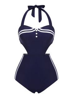 Navy Blue 1930s Halter One-piece Swimsuit – Retro Stage - Chic Vintage Dresses and Accessories Retro Blue Lined Swimwear, Fitted Retro Blue Swimwear, Blue Fitted Retro Swimwear, Retro Fitted Blue Swimwear, Vintage Blue Swimwear For Swimming, Vintage Blue Swimwear For The Beach, 1950s Swimsuit, Retro Stage, Cute One Piece Swimsuits