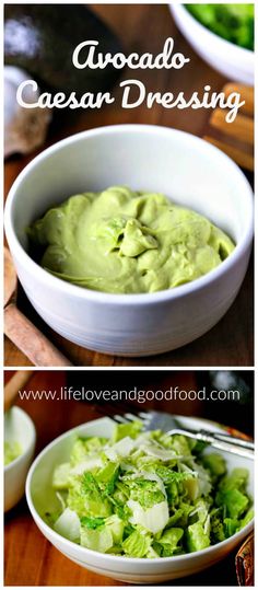 avocado caesar dressing in a white bowl on a wooden table with the title above it