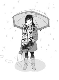 a drawing of a girl holding an umbrella in the rain with snow falling all around her