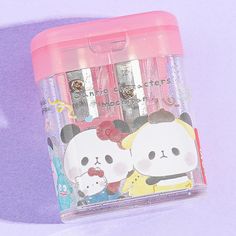 This super cute sharpener is decorated with prints of the Mochi Mochi Panda cuties dressed as popular Sanrio Characters like Hello Kitty, Pompompurin, and more! Use this twin sharpener to keep both your lead and colored pencils in tip-top shape! Made from semi-transparent plastic Features 2 x pencil slots Mochi Mochi Panda, Hello Kitty Pompompurin, Saving Account, Kawaii Backpack, Besties Forever, Kawaii Stationery, Cute Art Styles, Sanrio Characters, Semi Transparent