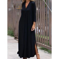 Season:Summer,Spring,Autumn,Fall; Fabric:Satin; Sleeve Length:Long Sleeve; Look After Me:Machine wash; Gender:Women's; Style:Fashion,Casual,Basic,Classic; Elasticity:Micro-elastic; Occasion:Beach,Daily,Vacation; Fit Type:Loose Fit; Dresses Type:Black Dress,Casual Dress,Cotton Linen Dress; Pattern:Plain; Design:Split; Neckline:V Neck; Front page:FF; Listing Date:07/19/2023; Production mode:External procurement; 2024 Trends:2023; Bust:; Length:; Dress Length Type:Maxi long Dress; Print Type:non-pr How To Fold Sleeves, Looks Party, Elegante Casual, Comfy Dresses, Loose Outfit, Yoga Shorts, Denim Jumpsuit, Comfortable Dress, Medan