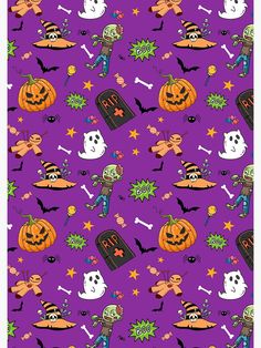 a purple background with lots of halloween decorations and pumpkins on it's sides