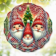 two santas with hats and beards are in front of a christmas ornament