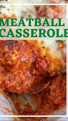 meatball casserole in a white bowl with a spoon