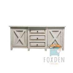 the sideboard has three drawers and two doors