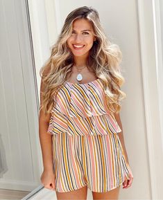 Loving all the colors on this Estella Stripe Romper🌈 Striped Rompers, All The Colors, Rompers, Color