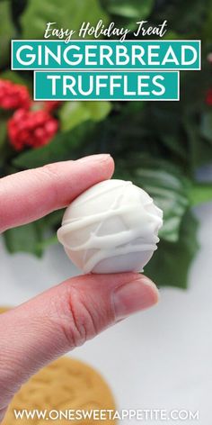 a hand holding a small white frosted treat in front of some green leaves and red flowers