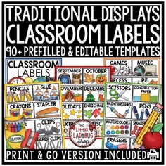 a poster with the words traditional display classroom labels and other items in black and white