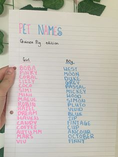 a person holding up a piece of paper with writing on it and the words pet names