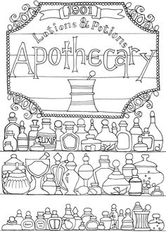 an adult coloring page with the words apothecar and other items on it