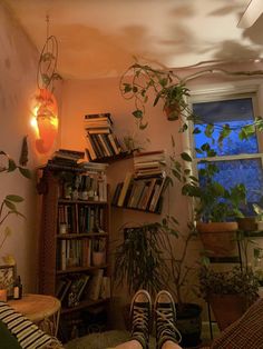 a living room filled with lots of plants and bookshelves next to a window