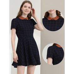 This dress is the perfect way to dress for every occasion! Featuring a Peter Pan-inspired contrast collar, a plaid print graphic, and short puff sleeves. A contrast doll collar adds sweet cuteness to this plaid dress. A contrasting Peter Pan collar adds a touch of classic preppy style to this plaid dress. This preppy style with normal sleeves is the perfect look for every occasion! Soft fabric ensures all-day comfort. It's the perfect choice for weekends, vacations, and everyday wear. Add a litt