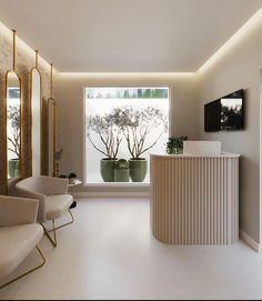 a room that has some chairs and a counter in the middle with plants on it