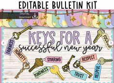 an image of keys for a successful new year's eve project with the text, editable bulletin kit