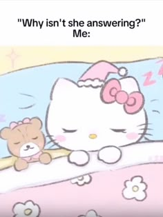 an image of a hello kitty sleeping with her teddy bear on the bed that says, why isn't she answering me?