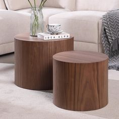 two wooden tables sitting on top of a carpeted floor next to a white couch