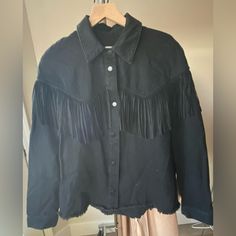 Zara | Boho Southwestern Fringe Black Button Down Shirt Jacket Lightweight Black Size:Small New With Tags Questions? Leave A Comment Below! Fringe Long Sleeve Outerwear For Rodeo, Long Sleeve Fringe Outerwear For Rodeo, Black Fall Outerwear For Rodeo, Black Outerwear For Fall Rodeo, Black Long Sleeve Outerwear For Rodeo, Puffed Sleeve Top, Flower Print Shirt, Black Button Down Shirt, Blue Striped Shirt