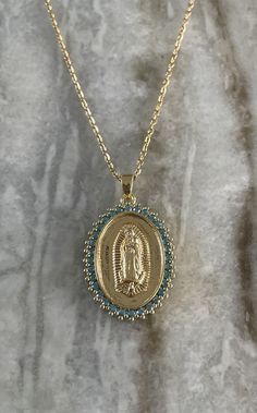 Our Lady of Guadalupe Medal Necklace Beautifully Detailed Turquoise and Cubic Zirconia Gold Blessed Mother Mary Jewelry Mary Jewelry, Blessed Mother Mary, Our Lady Of Guadalupe, Lady Of Guadalupe, Blessed Mother, Mother Mary, Our Lady, Charm Necklace, Cubic Zirconia