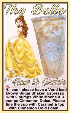 an advertisement for a drink called the bellie from a queen's tale, featuring a woman in a yellow dress and a starbucks cup