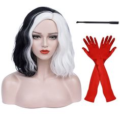 PRICES MAY VARY. Package Including: 1 Black White Wig + 1 Long C- Holder + 1920s Long Gloves + 1 Wig cap Wigs Material: Top Quality Heat Resistant Imported Synthetic Fiber, Super Soft, Skin Friendly, Healthy and Natural Looking Wigs Length: About 14". Very stylish design, it will make you more confident and charming Wig Net: Average cap size with 2 adjustable straps, fits most people. Classic Rose Net, very breathable and comfortable Functions: Perfect for theme party, costume wig, Halloween or Cruella Deville Costume Women, Cruella Deville Wig, Hairstylist Inspiration, Cruella Deville Costume, White Wigs, Black And White Wig, Cruella Costume, Zeds Dead, Hair Tricks