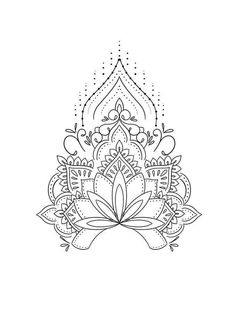 a black and white line drawing of a lotus flower with ornate designs on the petals