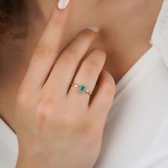 "Rectangular Shaped Emerald Vintage Halo Ring / 5x3MM Emerald Cut Emerald Gemstone Ring / Columbian Emerald Ring with Diamonds I especially prefer minimal designs and love to create or produce them. They can fit in our daily life and we easily can integrate and be whole with them. This lovely Columbian Emerald Ring with Diamonds is to be with you in your everyday wear, to be whole, to become you.  Features *Made to Order.  *Made in Turkey. *14K Solid Gold *Custom Gold Color: Rose Gold, Yellow Go