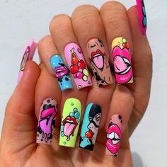 Pop Art Nails, Edgy Nails, Crazy Nails, Summer Acrylic Nails, Coffin Nails Designs, Bling Nails, Funky Nails, Dope Nails