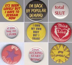 buttons with different sayings on them are arranged in multiple rows, including one that says i'm back by popular demand