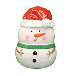 a ceramic snowman with a santa hat on it's head and two hands