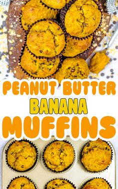 Banana muffins with a text title overlay. Gluten Free Peanut Butter Banana Muffins, Flourless Muffins, Brown Bananas, Banana And Peanut Butter, Banana Nice Cream