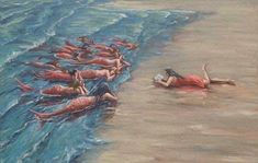 a painting of some people swimming in the water and one person laying on the beach