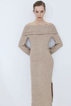 Knitted off-the-shoulder dress - Beige marl - Ladies | H&M GB 3 Semi Formal Outfit, Calf Length Dress, Knitted Bodycon Dress, Game Dresses, Bare Shoulders, 20's Dress, Closet Ideas, Versatile Dresses, Long Sleeve Midi