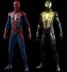 three different types of spider - man suits, one with glowing eyes and the other without