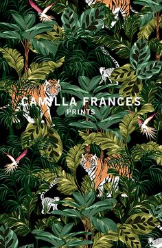 a tiger surrounded by tropical plants and birds on a black background with the words cammalfrances printed in white