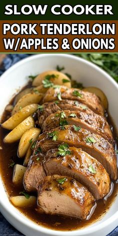 slow cooker pork tenderloin with apples and onions in a white bowl on a blue cloth