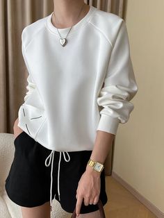 Cozy Comfort: Pullover Sweatshirt for Women's Casual Style – Queencloth Casual Long Sleeve Top With Crew Neck, White Casual Long Sleeve Top With Ribbed Cuffs, Casual White Long Sleeve Top With Ribbed Cuffs, Elegant Embroidery, Spring Summer Decor, Sweatshirt Women, Women's Casual Style, Round Neck Sweatshirts