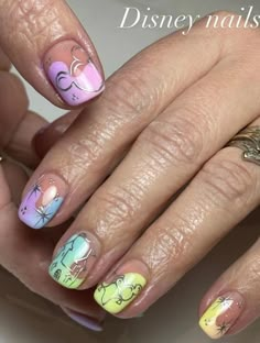 Gel X Nail Designs Disney, Colourful Disney Nails, Summer Disney Nails 2024, Bugs Life Nails, Disney Epcot Nails, Disney World Nail Art, Pixar Cars Nails, Disney Nails Acrylic Short, Easy Character Nail Art