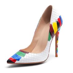 <p>An artistic looking shoe that boasts a multi color paint like pattern. This pair of artsy shoes features a stiletto heel with a height of approximately <span>4. </span> <span>72 </span>". A multicolored embossed pair of stiletto heels that has a pointed toe and a rubber outsole. This pair of heels come with a synthetic lining for an anti-slip grip. The PU insole makes this exotic pattern shoe extremely comfortable even if it's worn for long hours at a stretc Luxury Shoes Heels, Artsy Shoes, Kasut Tumit Tinggi, Wedding Shoes High Heels, High Heel Dress Shoes, Red Stilettos, Crocodile Shoes, Colorful Heels, Crocodile Print