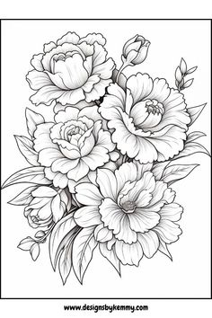 a bouquet of flowers with leaves and buds in black and white coloring book page for adults