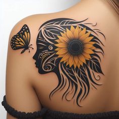 the back of a woman's shoulder with a sunflower and butterfly on it