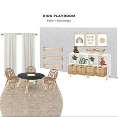 kids'playroom with chairs, table and bookshelf in neutral colors on the walls