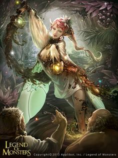 a woman dressed as a fairy in front of a forest with lots of leaves and flowers