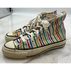 Converse Chuck Taylor Sneakers 1980's Rainbow Stripe/Gold Lurex Size 4.5 Usa- See Photos For Damage Vintage Converse Sneakers With Rubber Sole, Retro Multicolor Sneakers With Gum Sole, Retro Multicolor Sneakers With Rubber Sole, Retro Converse Mid-top Sneakers, Retro Converse Sneakers For Spring, Retro Mid-top Converse Sneakers, Spring Retro Converse Sneakers, Retro High-top Converse Sneakers, Retro High-top Sneakers With Vulcanized Sole