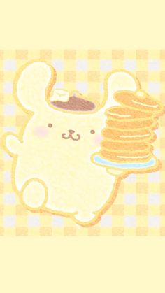 a drawing of a teddy bear holding a stack of pancakes on top of it's back