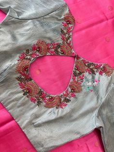 Pink Blouse With Blue Embroidery, Embroiding Blouse Designs, All Over Blouse Work Designs, Latest Blouse Maggam Work Designs, New Work Blouse Designs, Onion Pink Saree Contrast Blouse, Latest Blouse Work Designs, Silver Zari Work Blouse, Thread Work Blouse Designs Embroidery