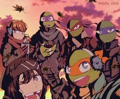 several ninjas are standing together in front of the sky with leaves on their heads