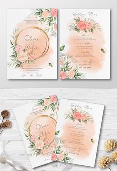 wedding stationery with watercolor flowers and greenery on the front, in peach tones