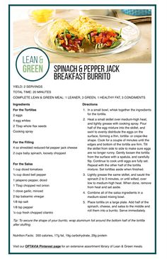 the menu for spinach and pepper jack breakfast burrito