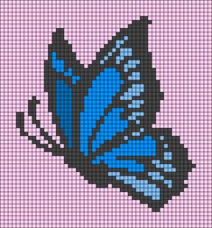 a cross - stitch pattern of a blue butterfly with black wings on a pink background